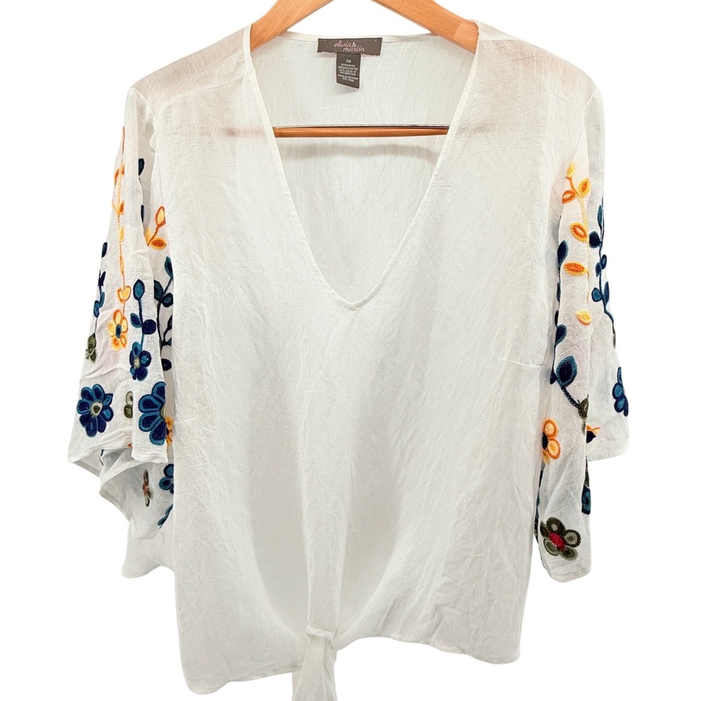 Olivia & Martin‎ White Embroidered Floral Tie Front Blouse 3X
